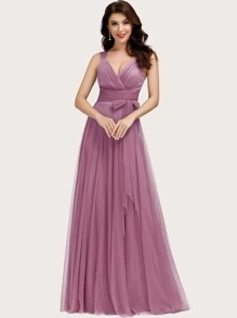 交叉領綁高腰網紗舞會連衣裙 - 粉色 - 查看 7