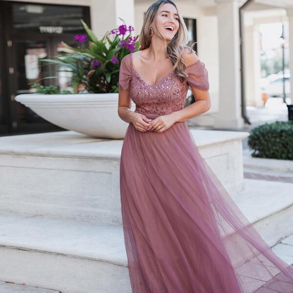 

Cold Shoulder Contrast Sequin Mesh Prom Dress, Dusty pink