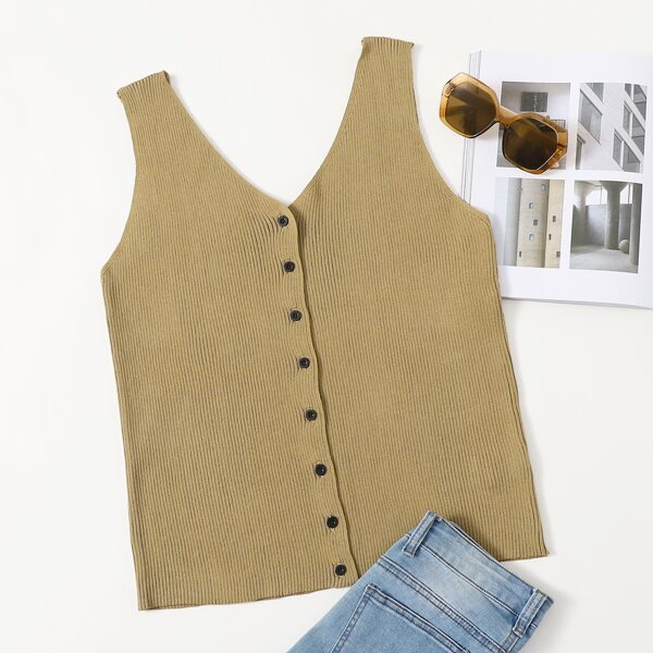 

Plus Button Front Solid Sweater Vest, Khaki