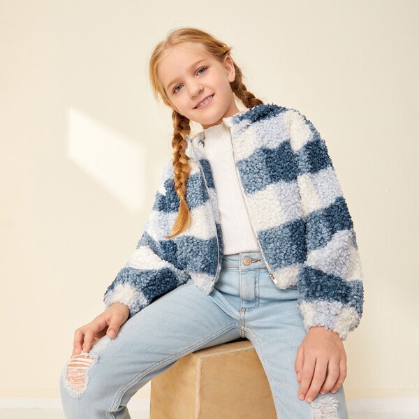 

Girls Two Tone Teddy Zipper Placket Hooded Jacket, Blue and white