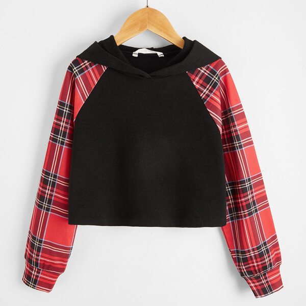 

Girls Tartan Raglan Sleeve Hoodie, Black