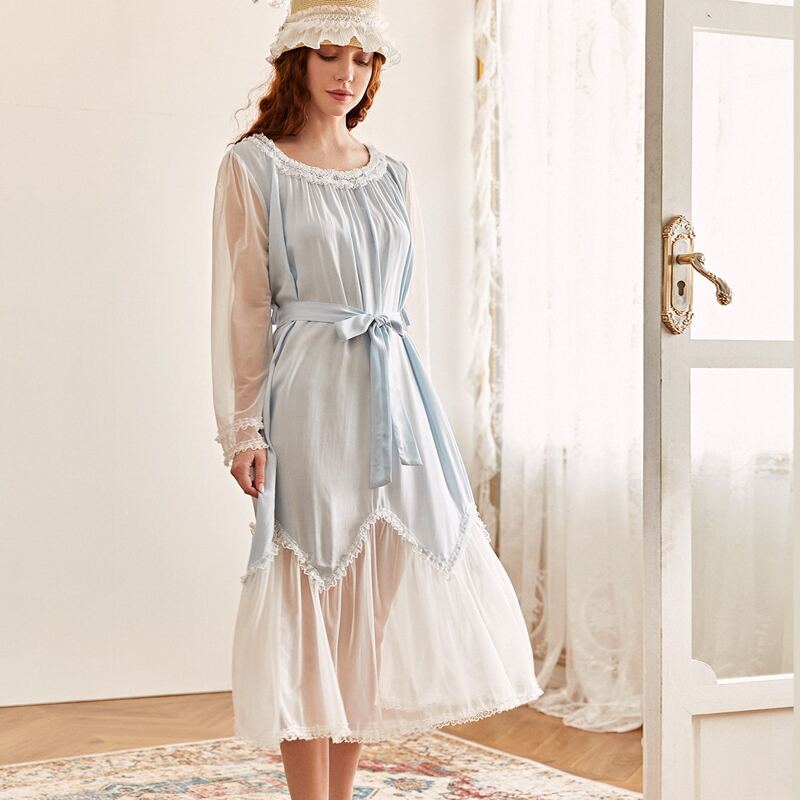 

Mesh Panel Frill Trim Belted Night Dress, Baby blue
