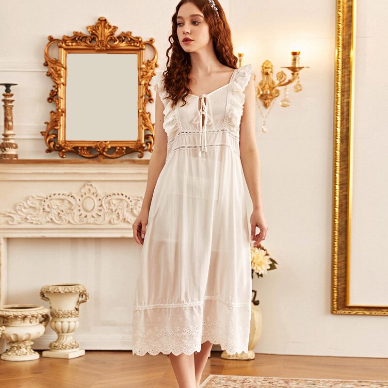 

Schiffy Panel Tie Front Backless Night Dress, White