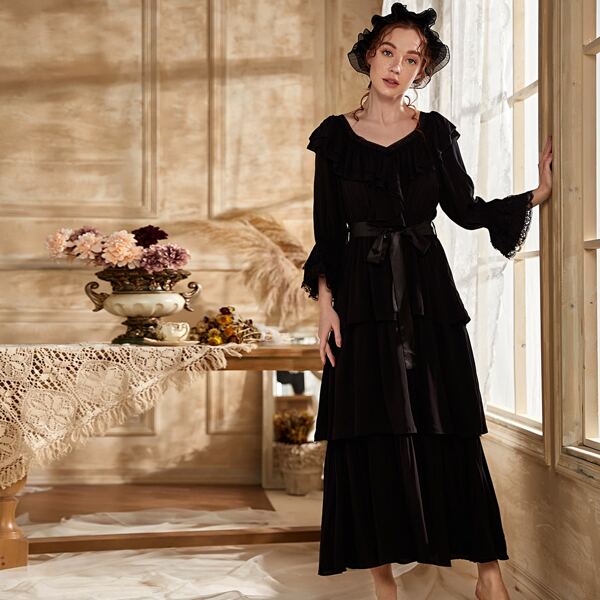 

Contrast Lace Layered Ruffle Belted Night Dress, Black