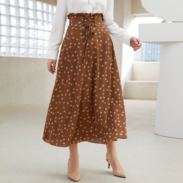 

Paper Bag Waist Lace Up Front Ditsy Floral Skirt, Brown