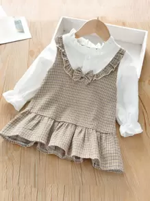 Toddler Girls Plaid Bow Front Ruffle Hem Combo Dress - Khaki - View 1