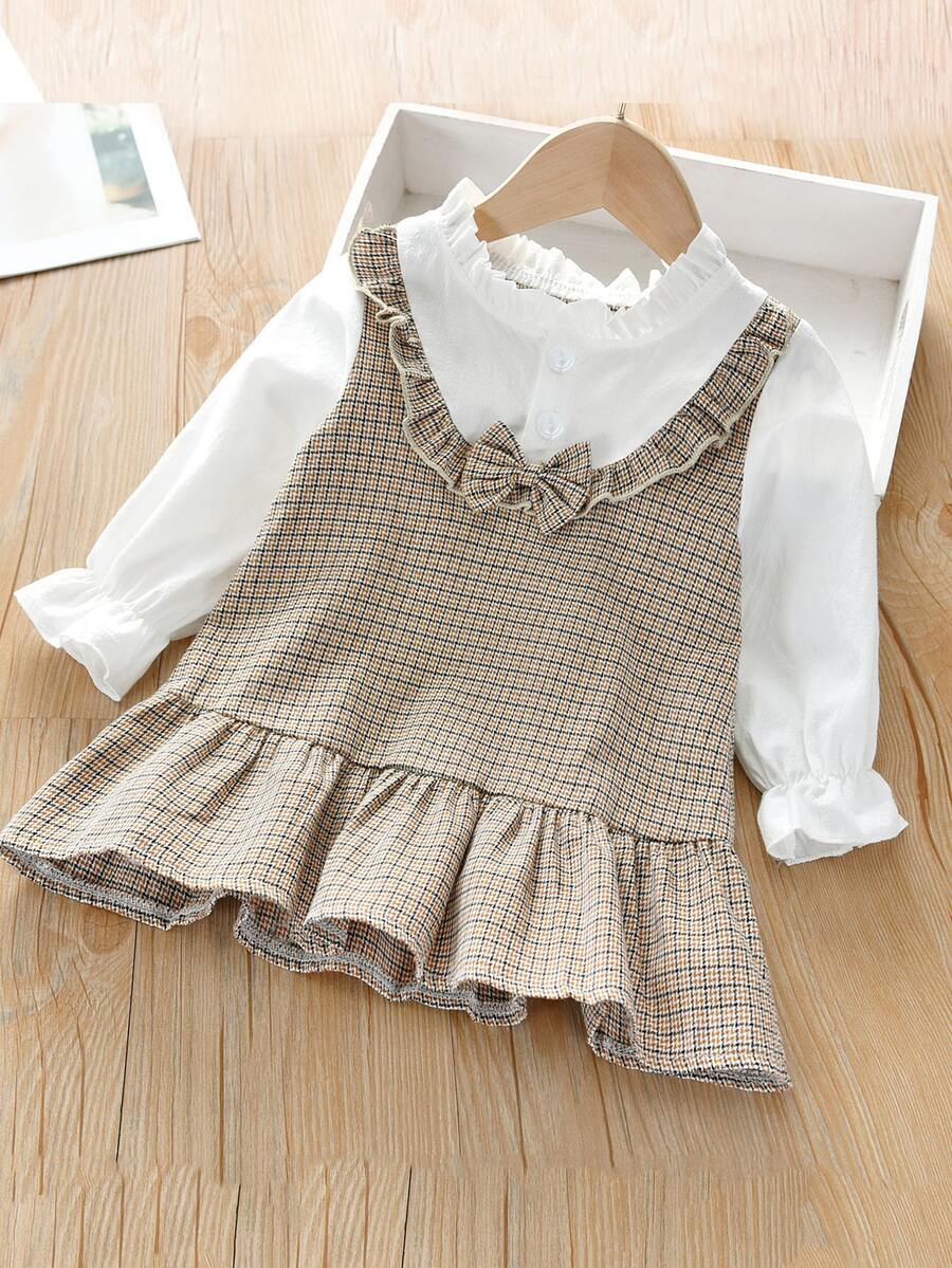 Toddler Girls Plaid Bow Front Ruffle Hem Combo Dress - Khaki - View 1