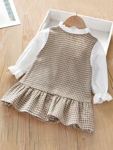 Toddler Girls Plaid Bow Front Ruffle Hem Combo Dress - Khaki - View 2