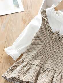 Toddler Girls Plaid Bow Front Ruffle Hem Combo Dress - Khaki - View 3