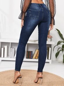 SHEIN Frenchy Dark Wash Skinny Jeans With Scarf - Dark Wash - View 2