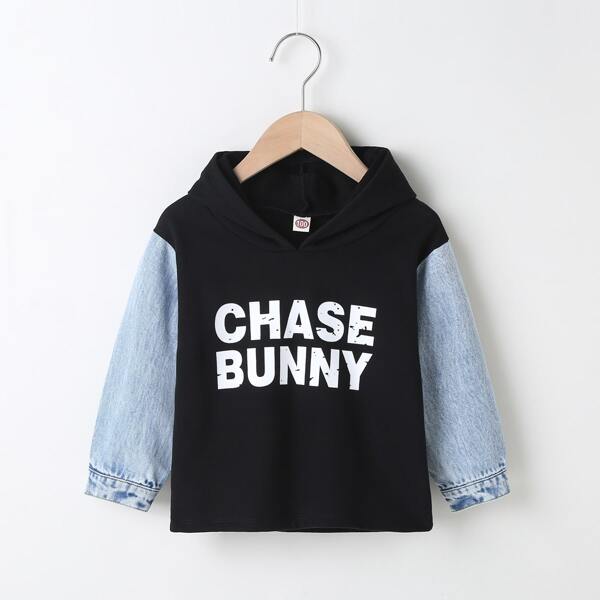 

Toddler Boys Contrast Sleeve Slogan Graphic Hoodie, Black