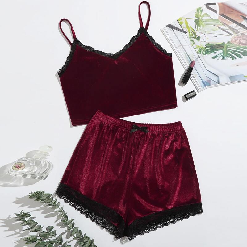 

Lace Panel Bow Detail Velvet Night Set, Maroon