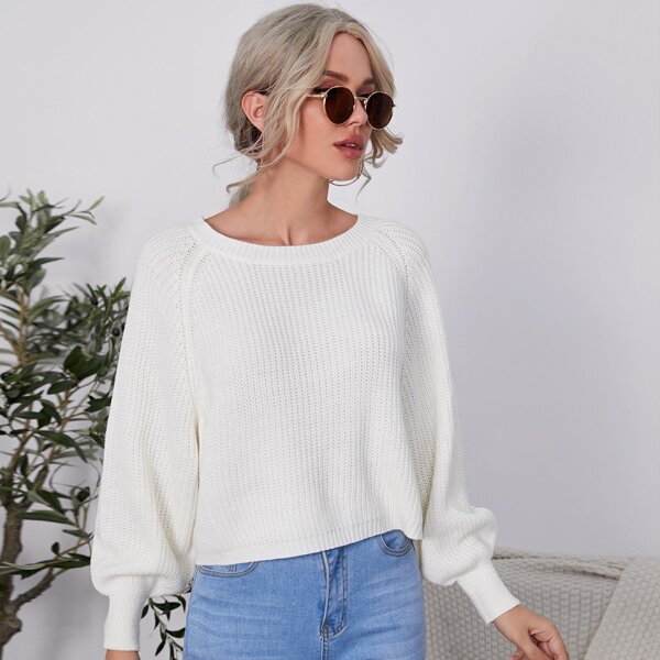 

Tie Back Raglan Sleeve Ribbed Knit Sweater, White