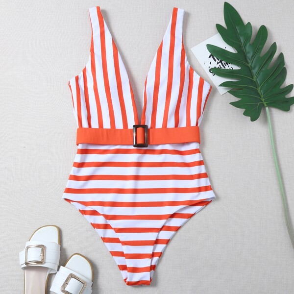 

Striped Belted Plunging One Piece Swimsuit, Multicolor
