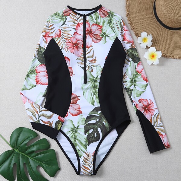 

Floral & Tropical Zip Front One Piece Swimsuit, Multicolor
