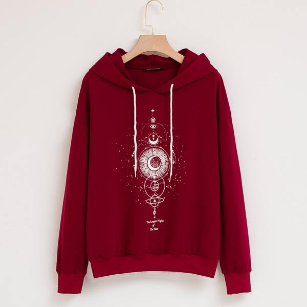 

Galaxy Print Drop Shoulder Drawstring Hoodie, Burgundy