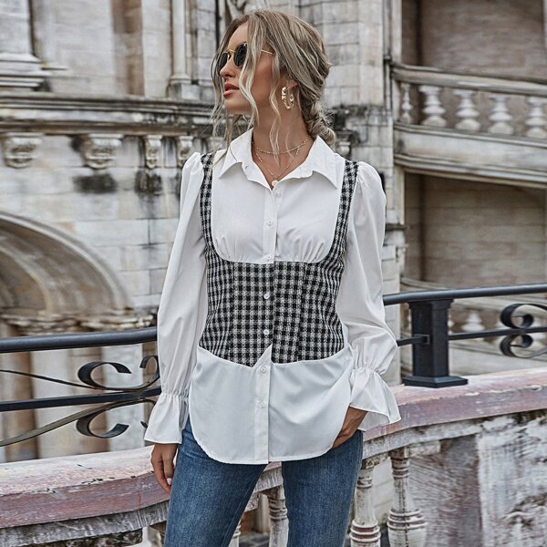 

Plaid Panel Flounce Sleeve Button Up Blouse, Black and white