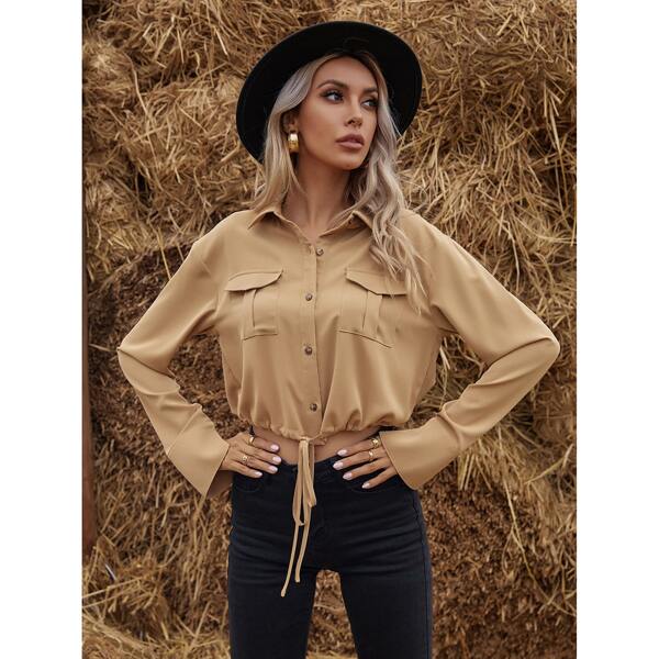 

Drawstring Hem Button Up Crop Utility Blouse, Khaki