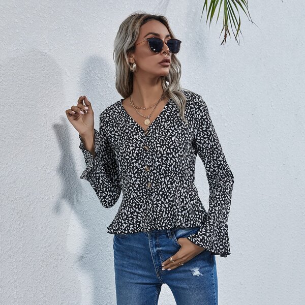 

Allover Print Button Up Peplum Blouse, Black and white