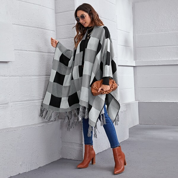 

Fringe Hem Cloak Sleeve Buffalo Plaid Cardigan, Multicolor