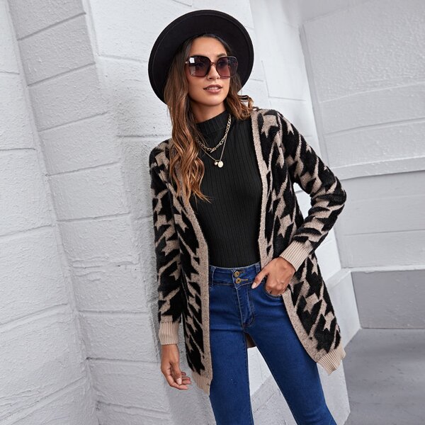 

Open Front Houndstooth Pattern Cardigan, Black