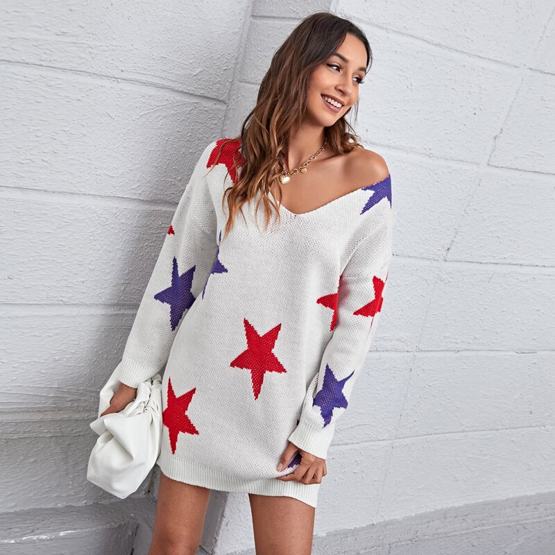 

Drop Shoulder Star Pattern Sweater Dress, White