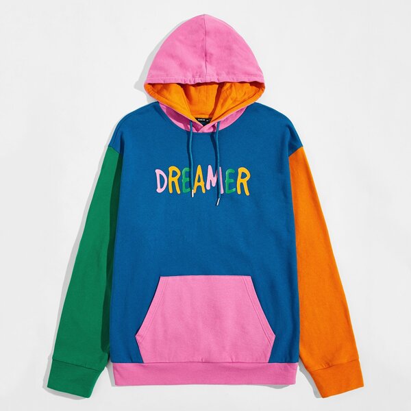 

Men Colorblock Letter Graphic Drawstring Hoodie, Multicolor