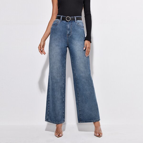 

Bleach Wash High Waist Wide Leg Jeans Without Belt, Medium wash