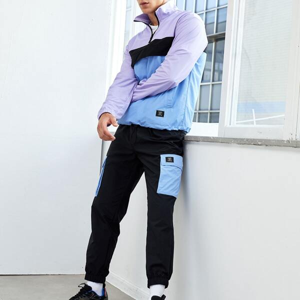 

Men Patch Detail Colorblock Jacket & Cargo Pants Set, Multicolor