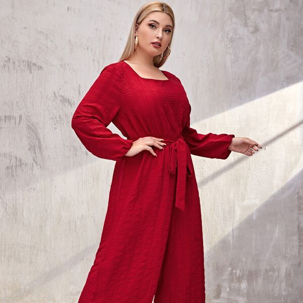 

Plus Textured Self Tie Wide Leg Jumpsuit, Burgundy