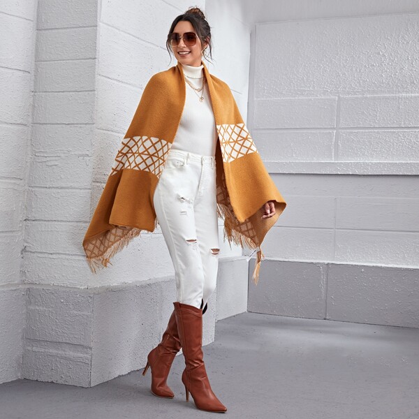 

Fringe Hem Argyle Pattern Cardigan, Mustard yellow