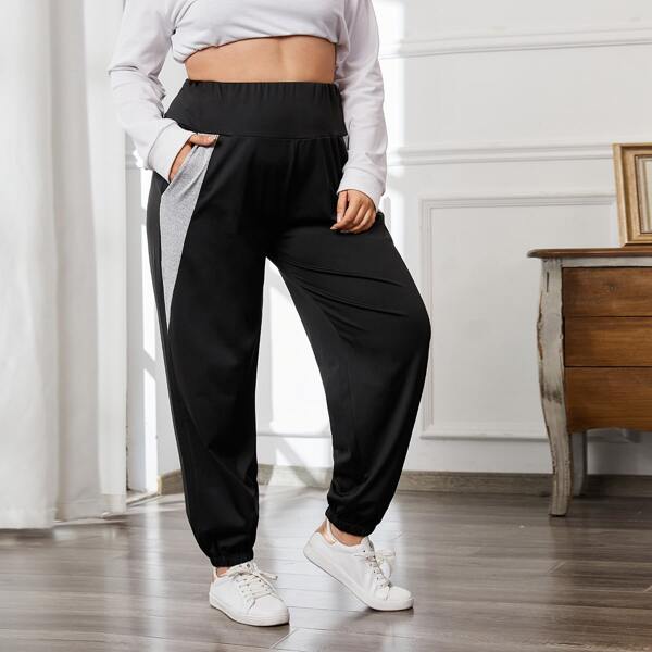

Plus Contrast Panel Wide Band Waist Sweatpants, Black