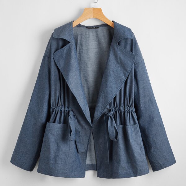 

Drop Shoulder Drawstring Waist Coat, Dusty blue