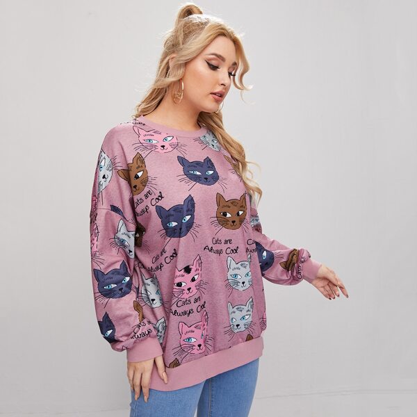 

Plus Cat & Slogan Graphic Pullover, Multicolor