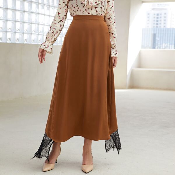 

Contrast Lace A-Line Long Skirt, Brown