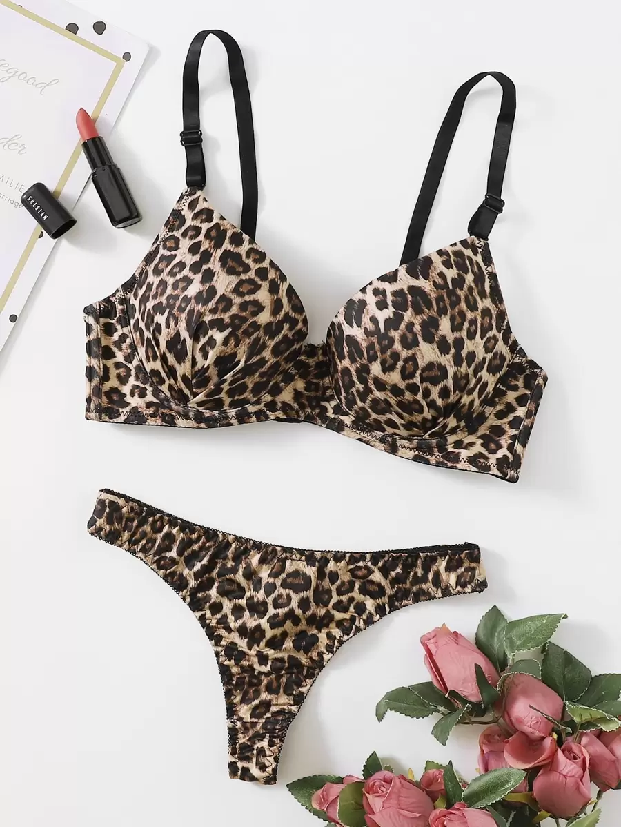 Leopard Print Underwire Bra & Panty Lingerie Set