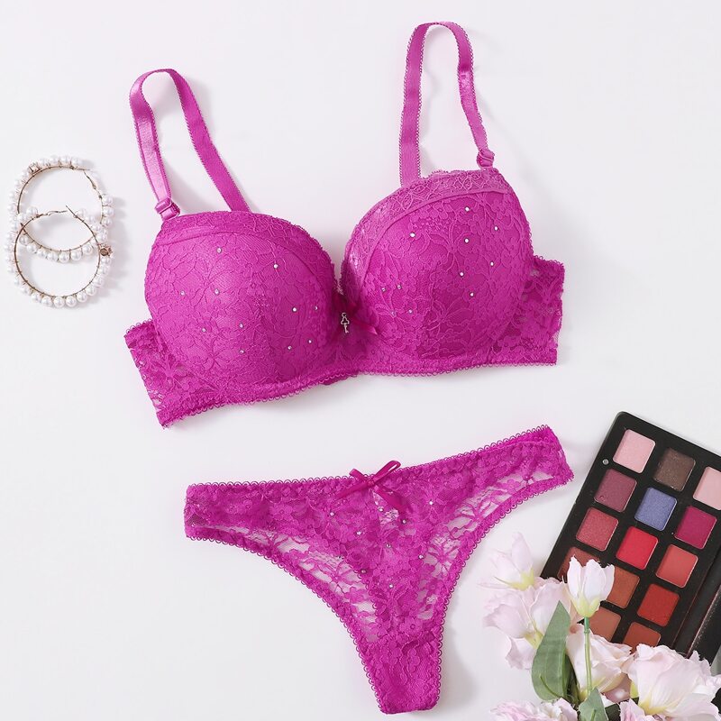 

Floral Lace Underwire Lingerie Set, Hot pink