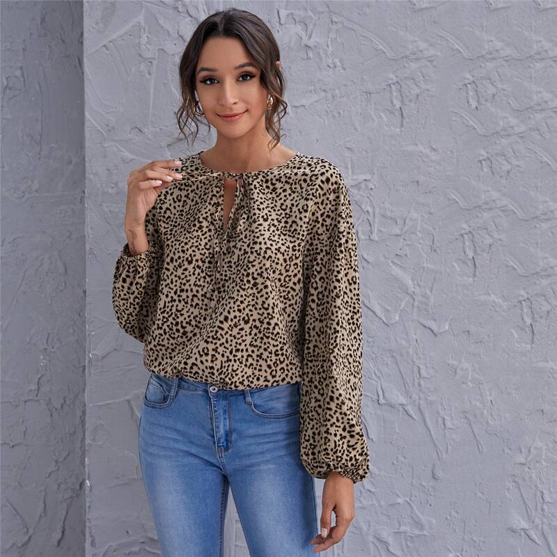 

Tie Neck Lantern Sleeve Leopard Top, Multicolor