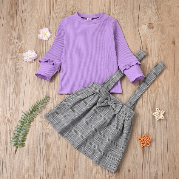 

Toddler Girls Rib-Knit Tee & Plaid Bow Front Pinafore Skirt Set, Multicolor