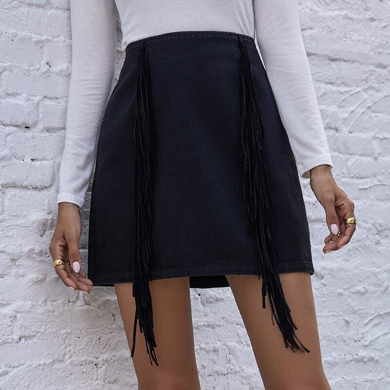 

Zip Back Fringe Hem Denim Skirt, Black