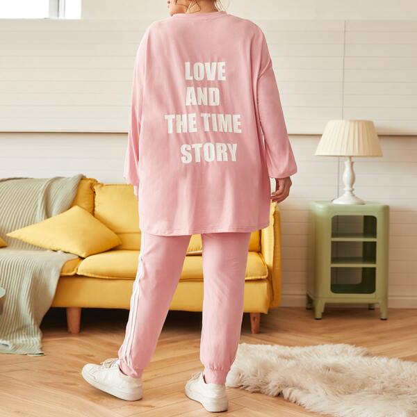 

Plus Slogan Graphic Side Striped Pullover & Sweatpants Set, Baby pink