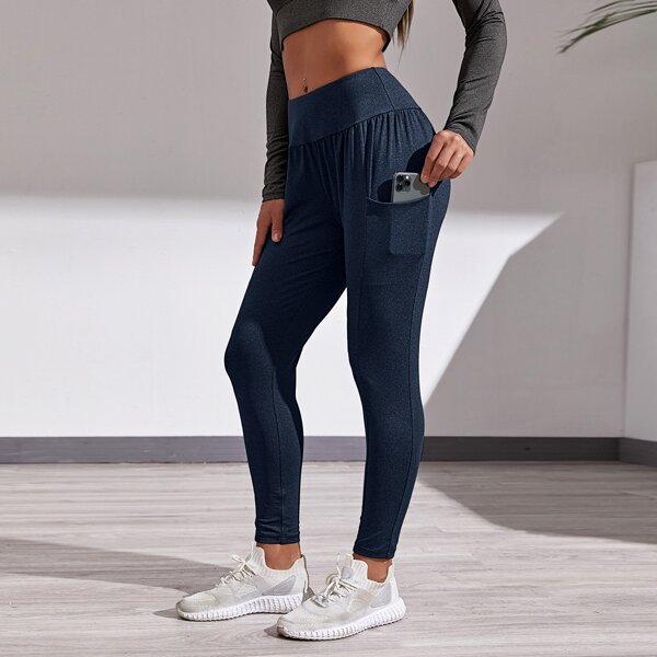 

Solid Wide Waistband Sports Pants With Phone Pocket, Navy blue