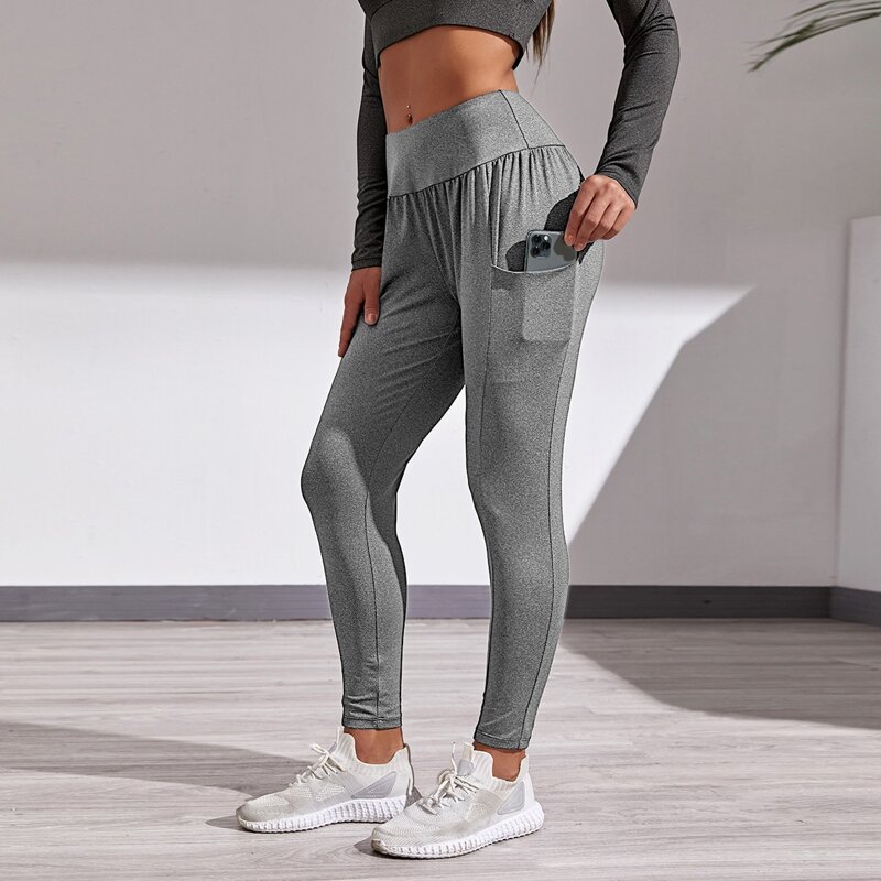 

Solid Wide Waistband Sports Pants With Phone Pocket, Grey