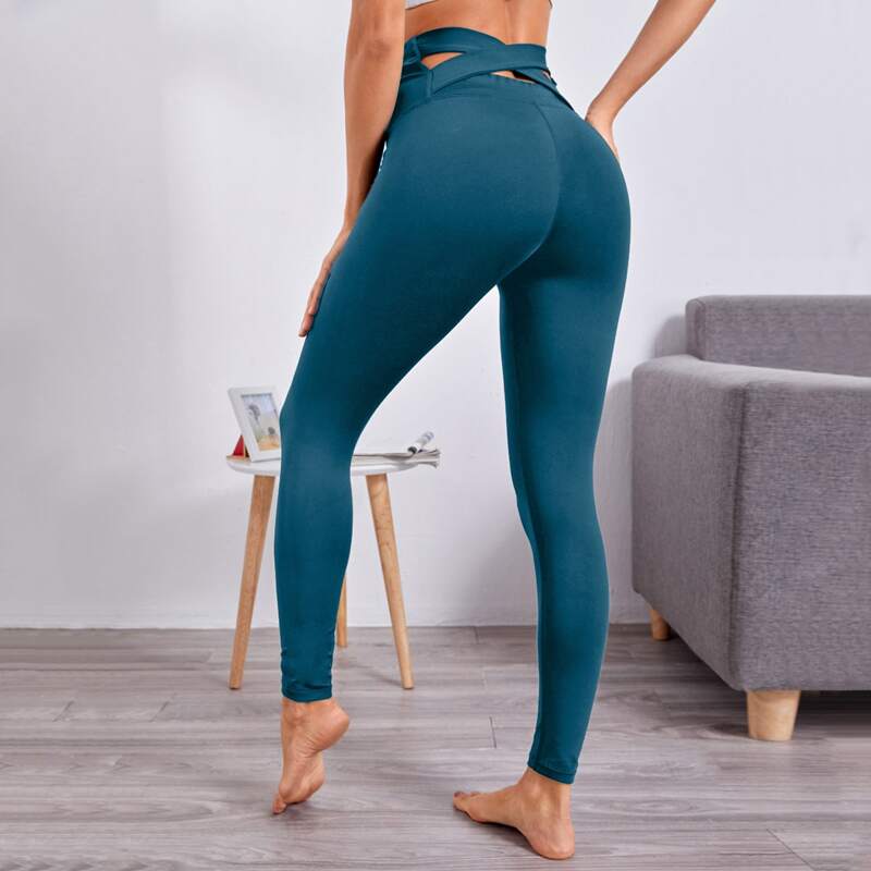 

Criss Cross Back Solid Sports Leggings, Teal blue