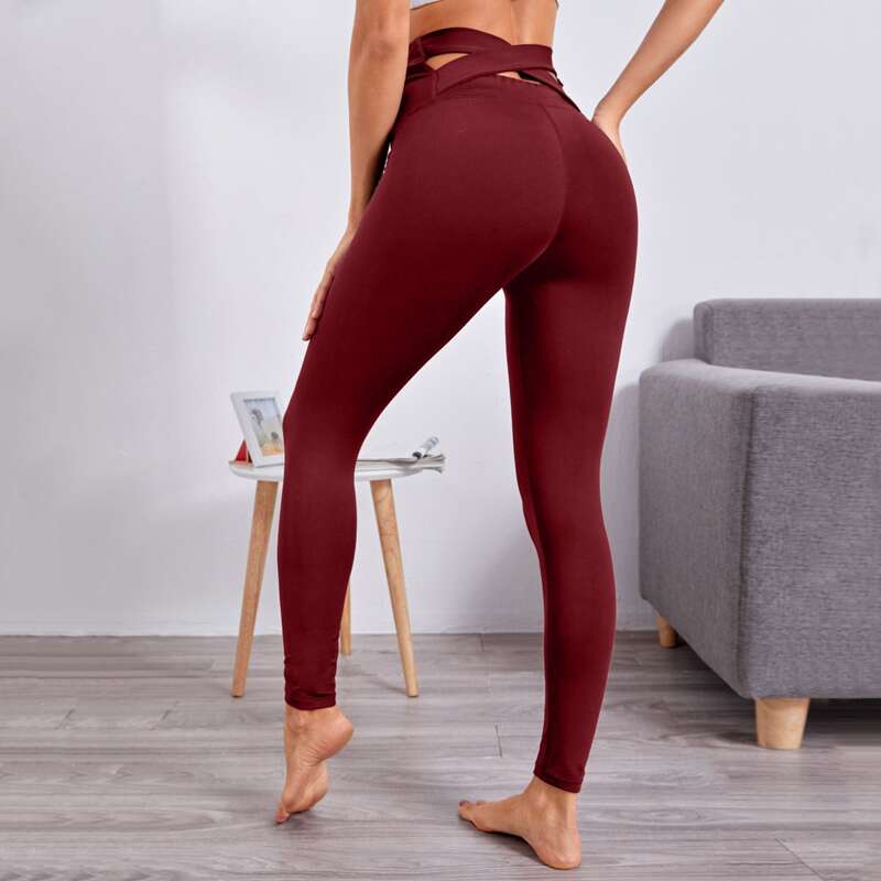 

Criss Cross Back Solid Sports Leggings, Burgundy