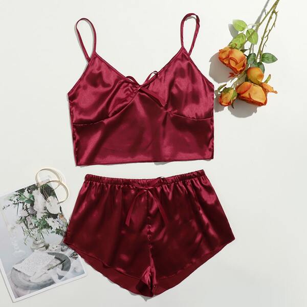 

Tie Front Satin Cami Night Set, Burgundy