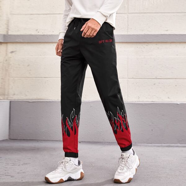 

Men Fire & Letter Graphic Drawstring Waist Sweatpants, Black