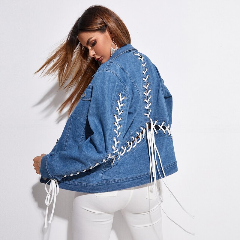 

Mid Wash Lace Up Denim Jacket, Medium wash