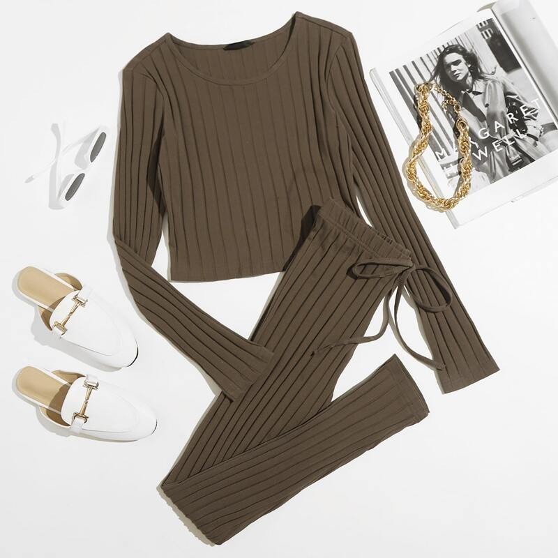 

Rib-knit Crop Tee & Knot Front Leggings Set, Coffee brown