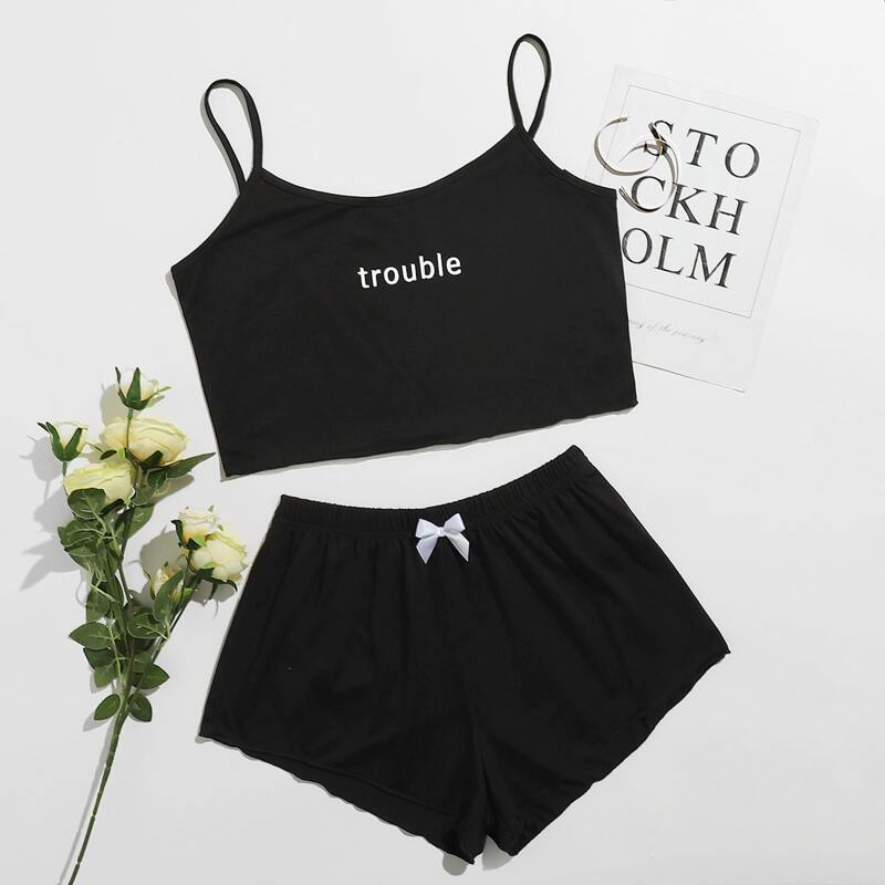 

Letter Graphic Bow Front Cami PJ Set, Black